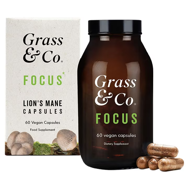 Grass & Co. FOCUS Lion's Mane Mushrooms with Ginseng + Omega-3 - 60 Vegan Capsules